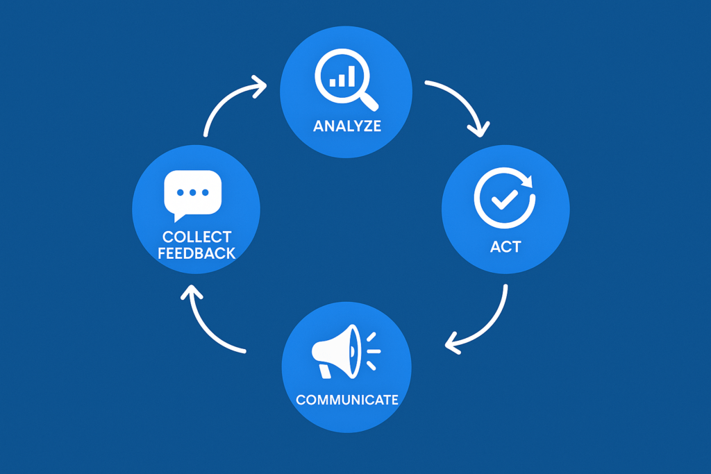 Customer feedback loop diagram showing collection, action, and follow-up stages.