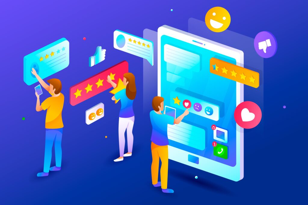Visual showing customer feedback collection across email, SMS, in-app, social media, and phone channels